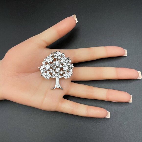 Silver with White Diamond Crystal Blooming Tree Pin Back Brooch - Picture 9 of 9